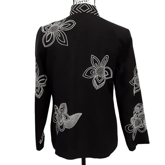 Vintage 90s Silk Blend Blazer Jacket Embroidered Floral Black Mandarin Collar L - Picture 2 of 10